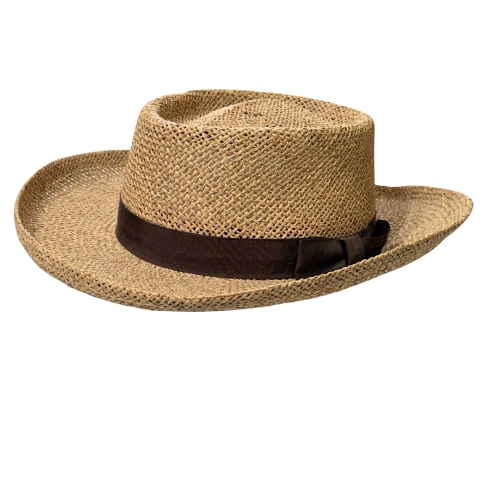 Henschel Hat Co Seagrass Gambler Hat w Fabric Band Sz M Underwelt Brim Made USA